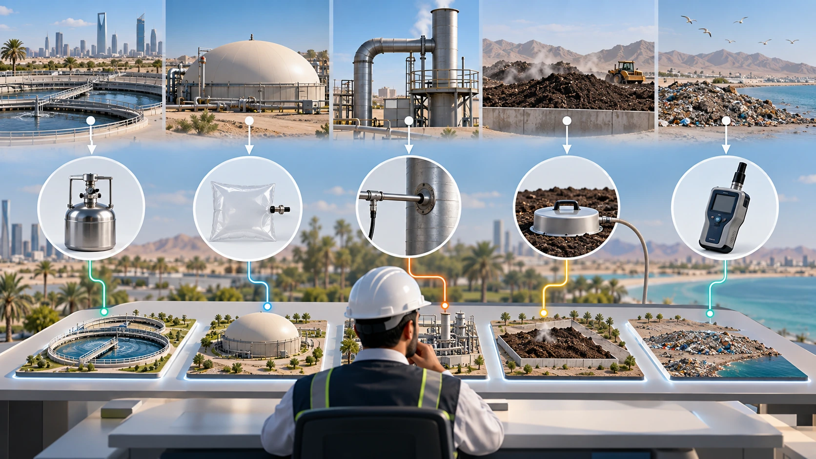 source-to-method decision tree for hot stack, tank headspace, active liquid surface, passive surface and ambient receptor bag sampling in Saudi Arabia