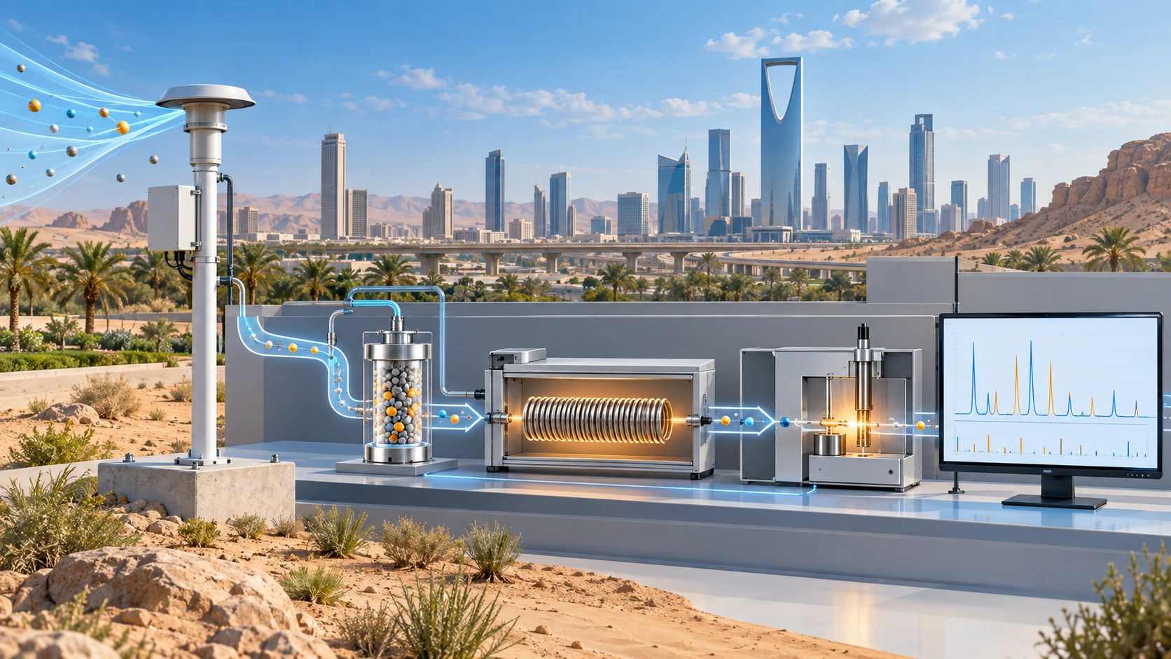 online gas-chromatography workflow showing sample inlet, conditioning, separation, detector, compound trend and alarm or report output in Saudi Arabia