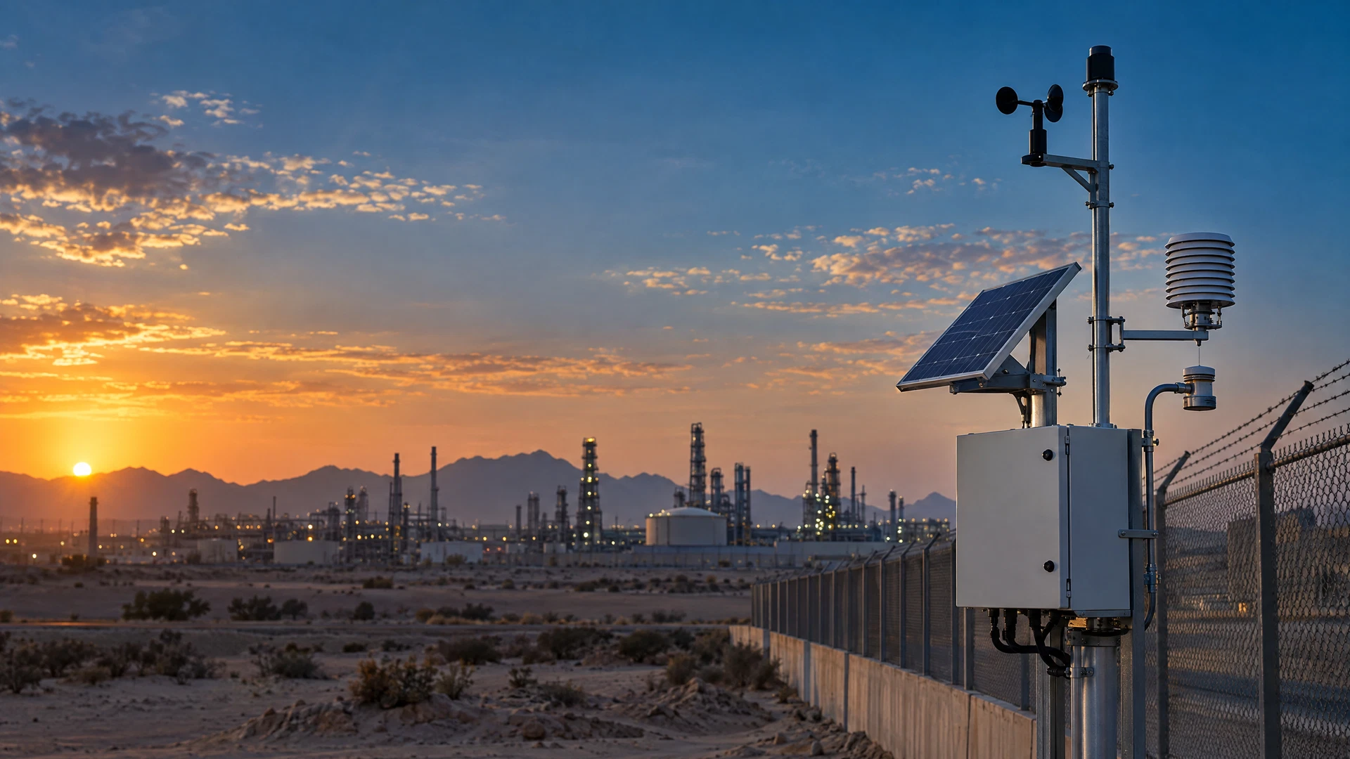 Fixed odour-monitoring station with sensor inlet, weather mast, communications and dashboard connection at a Saudi facility in Saudi Arabia