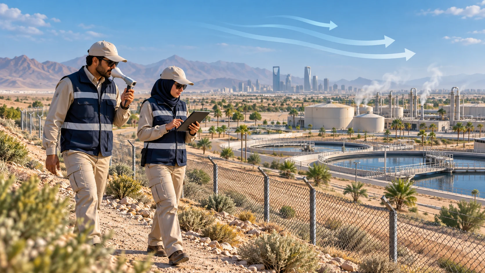 Trained assessor following a mapped odour patrol route with a handheld olfactometer and weather observations near a Saudi facility boundary in Saudi Arabia