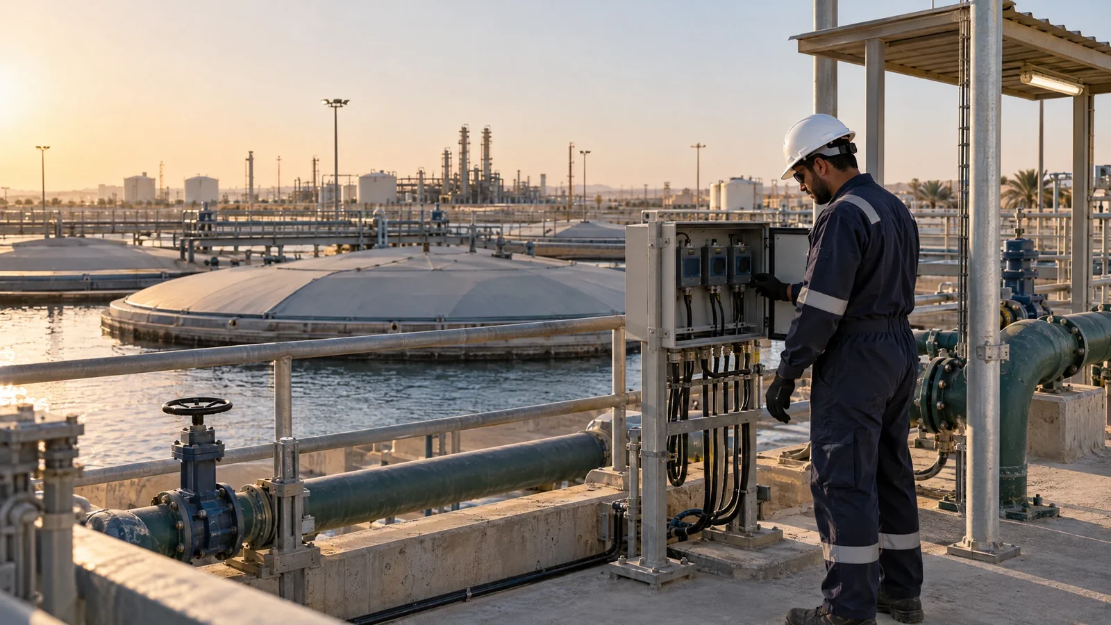 Technician conducting H2S and ammonia screening near covered wastewater assets with a fixed monitor and weather station nearby in Saudi Arabia