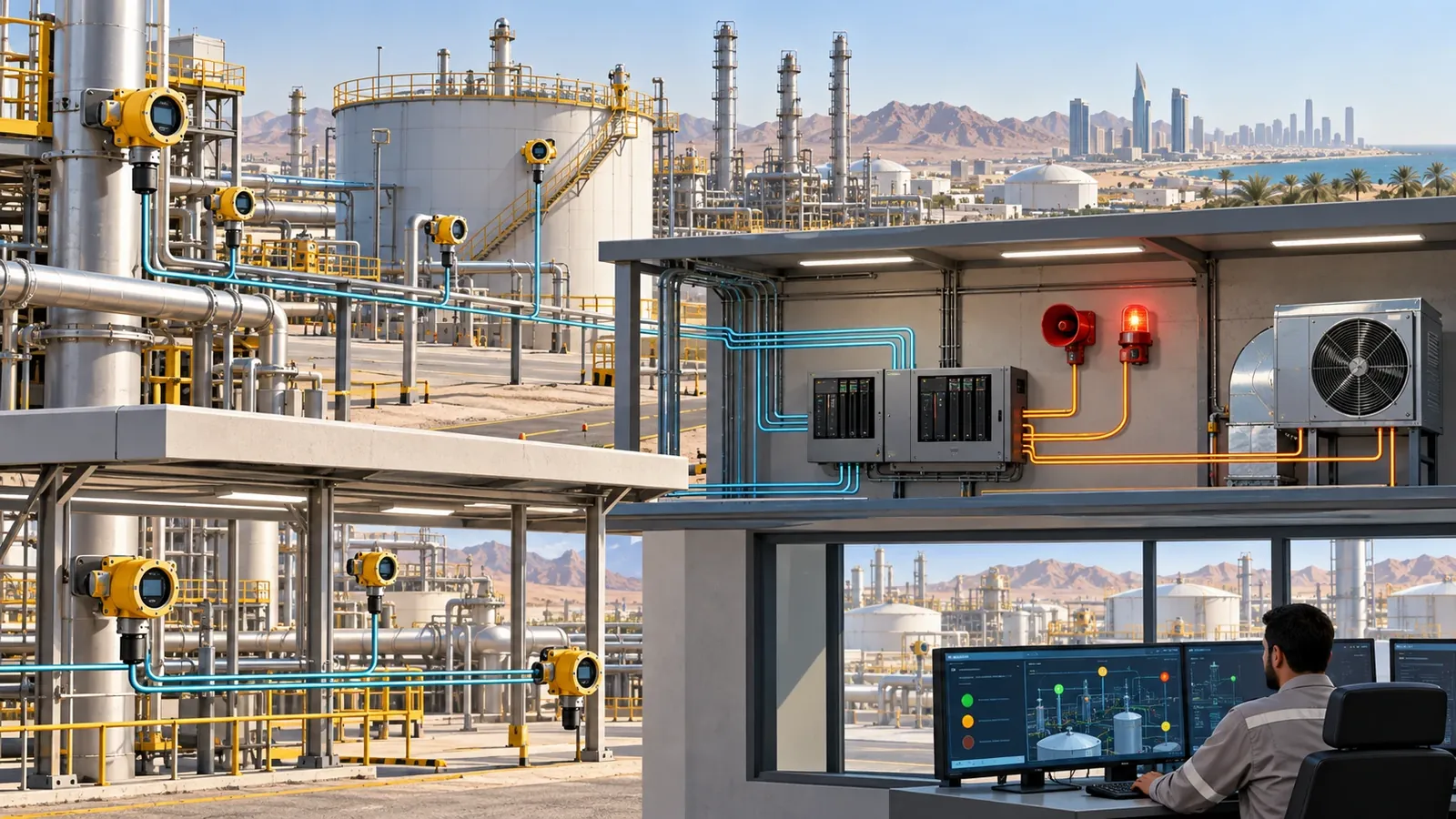 industrial gas-detection architecture separating fixed detectors, portable instruments, controller, alarms and odour-diagnostic monitoring in Saudi Arabia