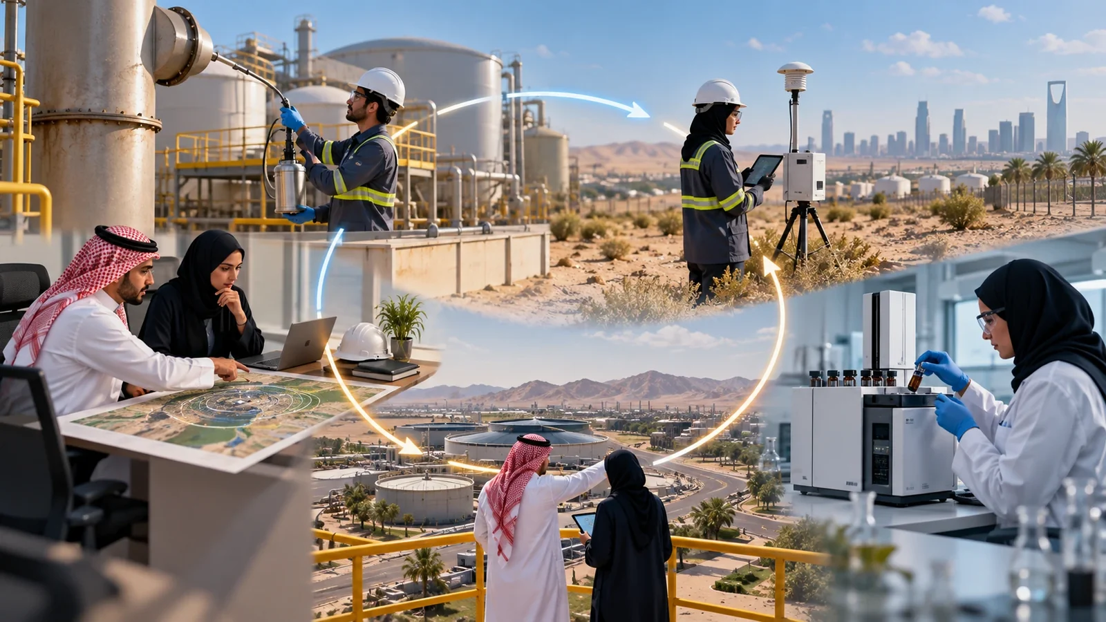 Saudi industrial-site odour programme map linking sources, wind sectors, boundary monitors, community receptors, complaint locations and response roles