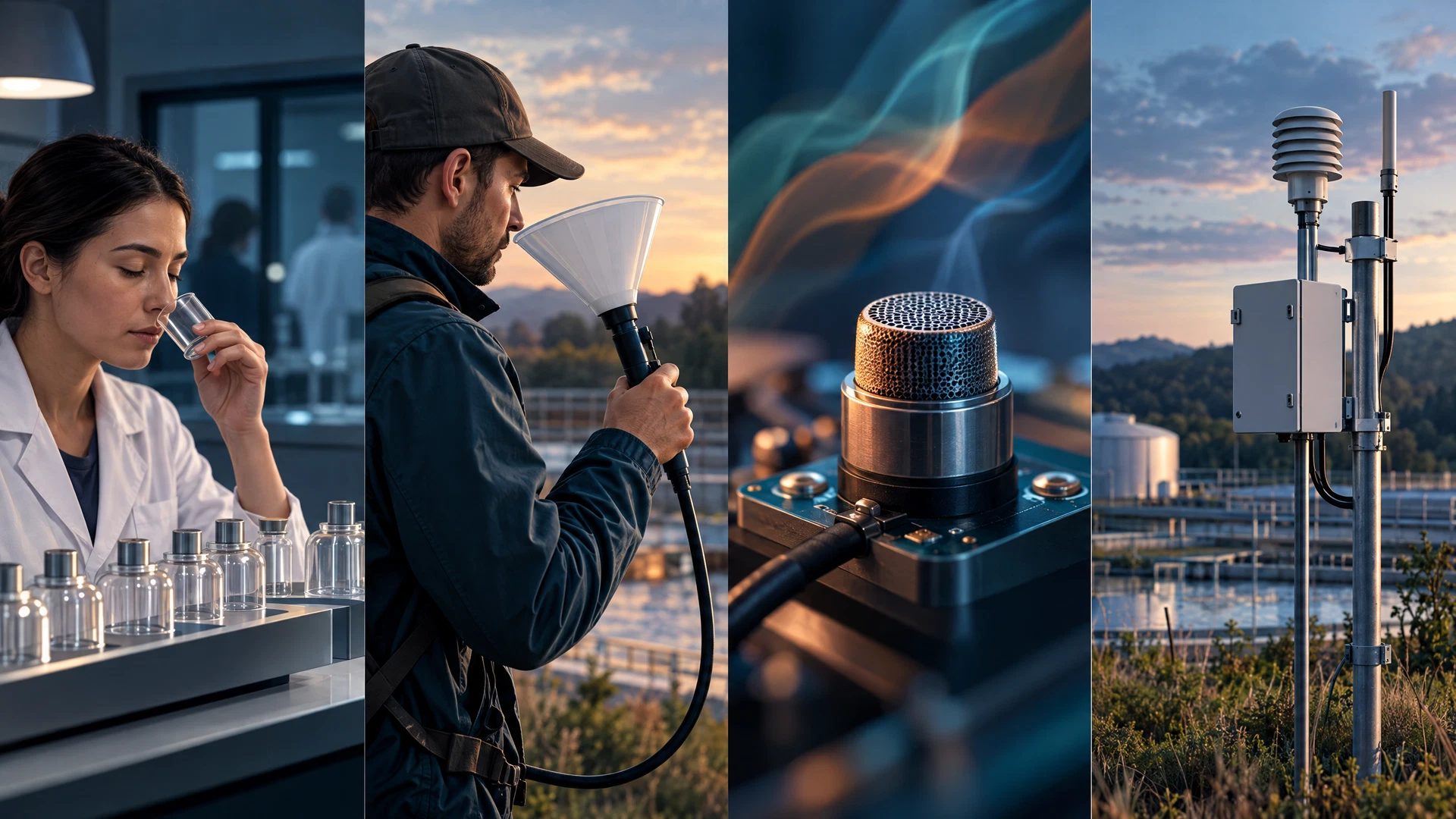 comparison matrix showing laboratory panel, field observer, targeted gas sensor and multi-sensor station across perception, continuity, specificity and response time