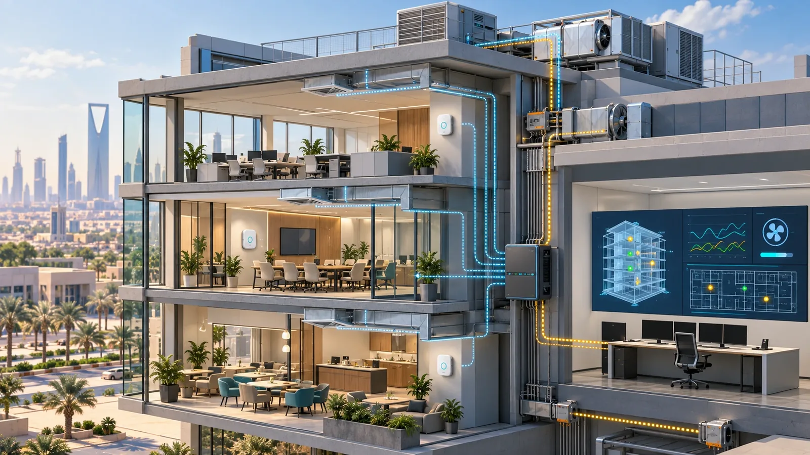 Indoor environmental monitor connected to a facilities dashboard while an engineer checks ventilation zones and sensor placement in Saudi Arabia