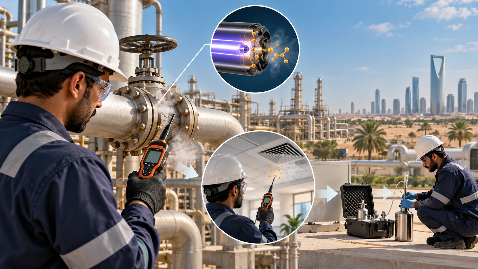 ION Science VOC portfolio showing handheld survey, personal monitor, fixed PID and benzene-specific monitoring roles in Saudi Arabia