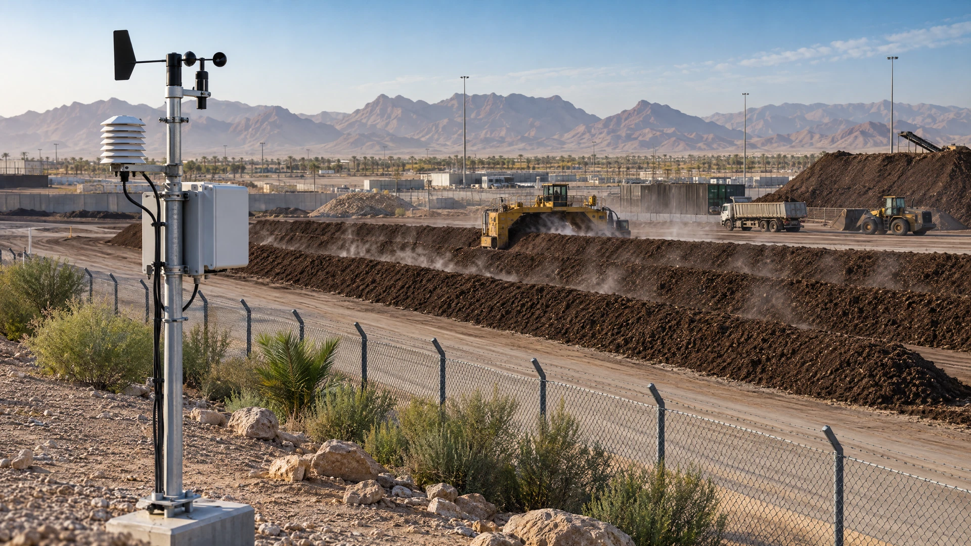 Saudi waste facility map with working face, compost rows, leachate area, fixed monitors, portable survey route and nearby receptors in Saudi Arabia
