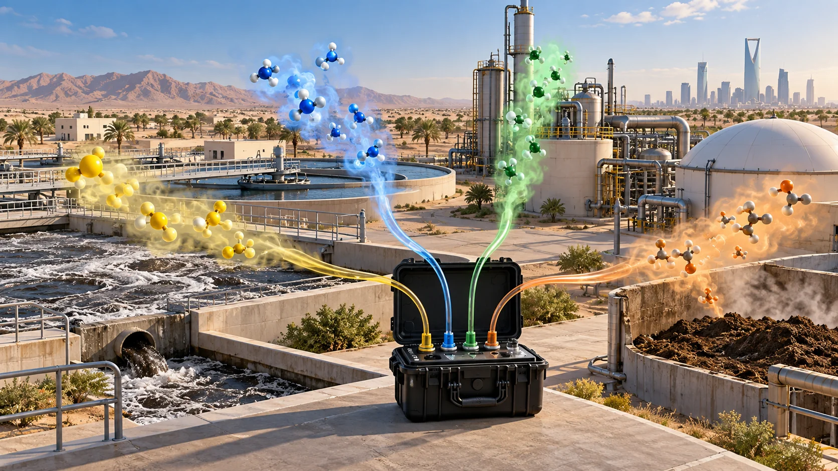 industrial source map linking wastewater H2S, fertiliser NH3, reduced-sulfur mercaptans and process VOC mixtures to targeted monitoring and laboratory confirmation