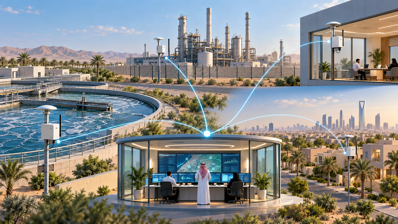 Saudi application montage showing wastewater, landfill, refinery, food-processing, agricultural and manufacturing odour monitoring contexts in Saudi Arabia