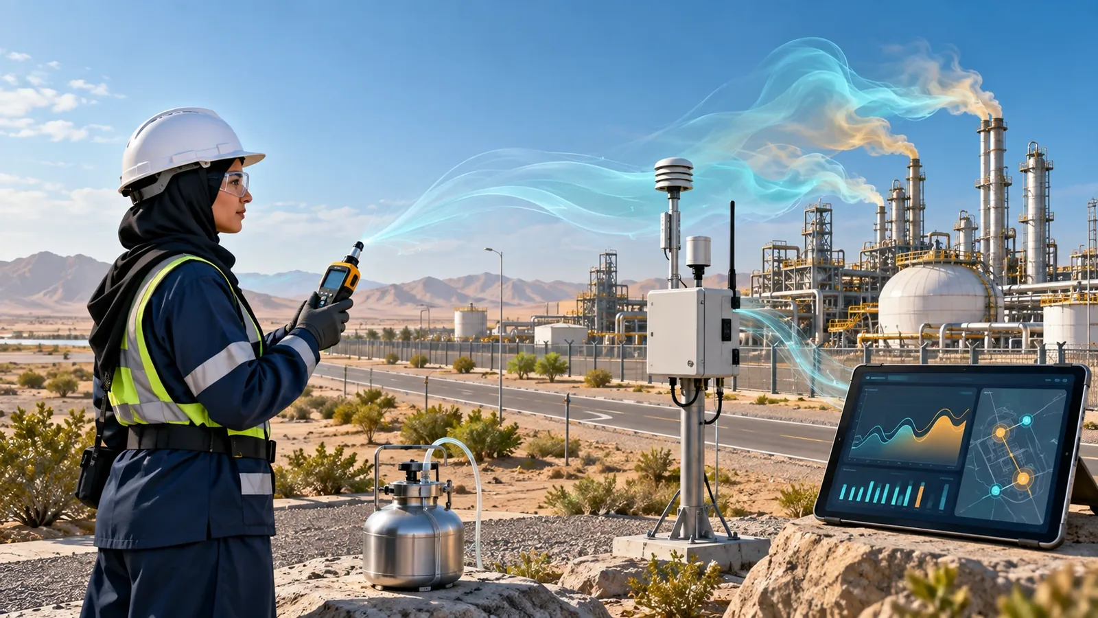 Saudi field specialist reviewing a site map, portable odour equipment and wind observations beside an industrial facility in Saudi Arabia