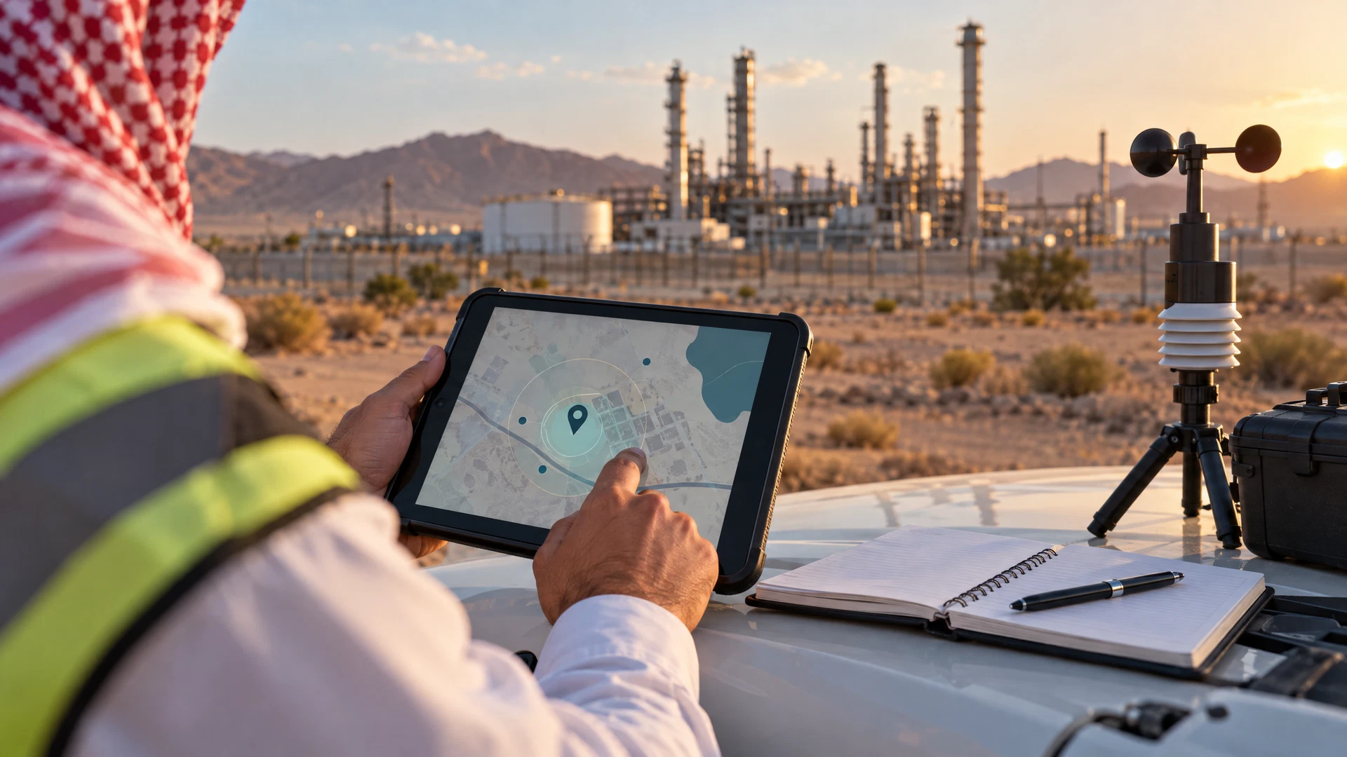 Complaint-response workflow linking a community report, map location, weather check, field patrol and operations log in Saudi Arabia