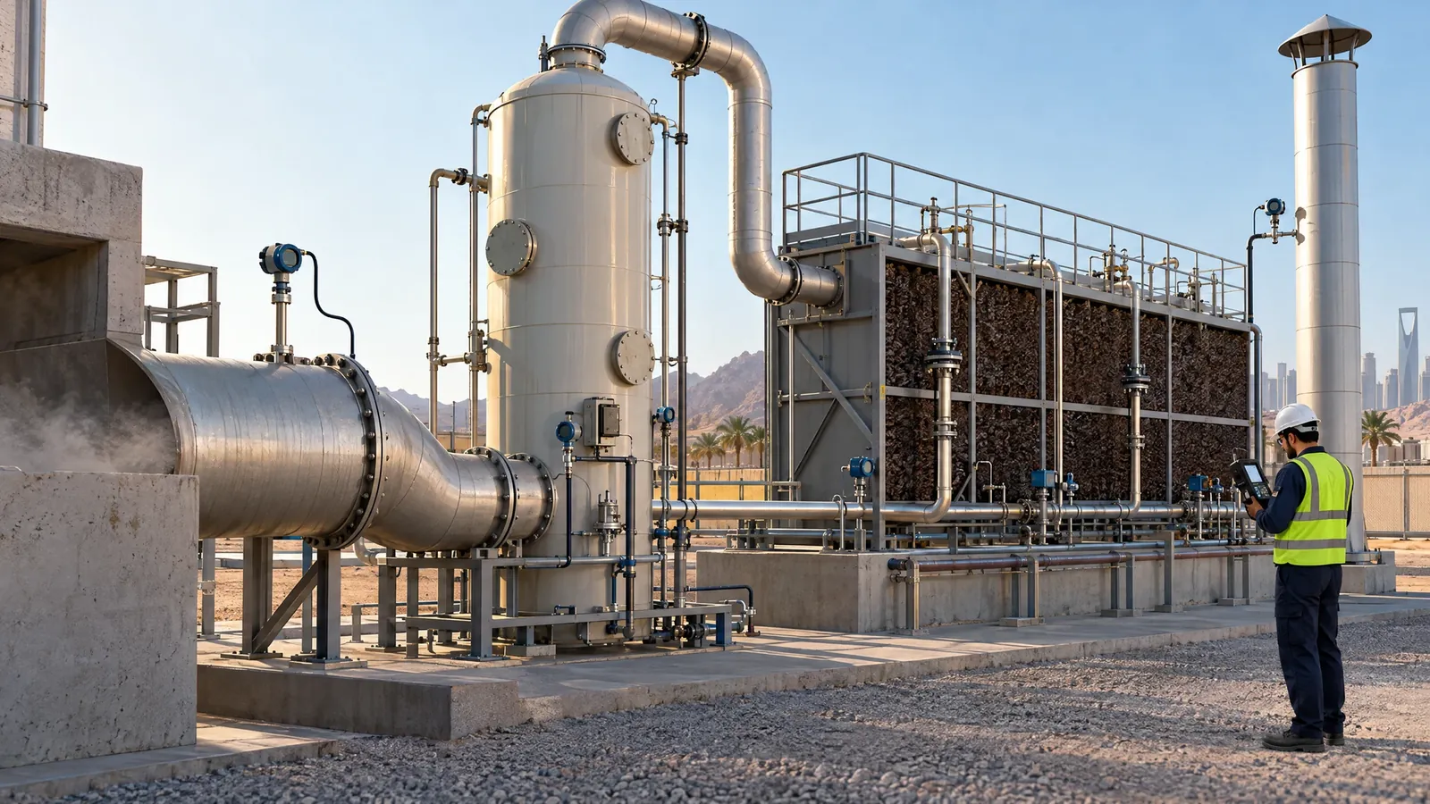 Odour-control performance diagram with upstream and downstream monitors, pressure and fan status, alarm gateway and approved control system in Saudi Arabia