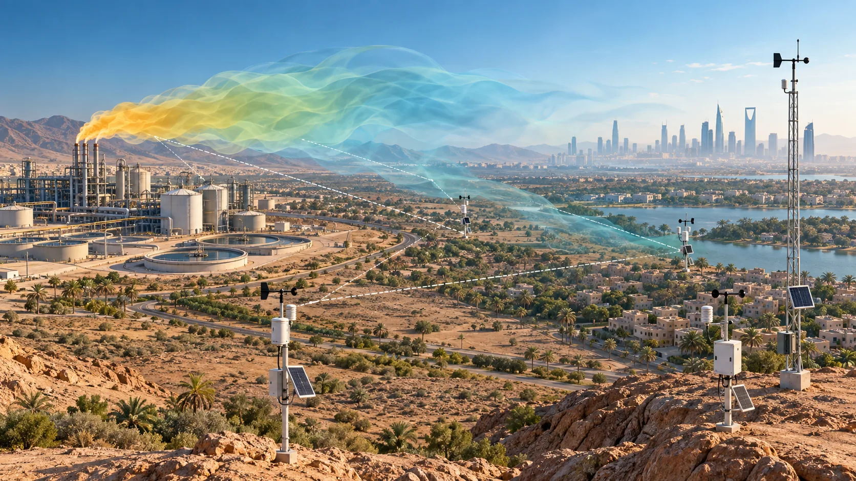 Saudi site map combining wind vectors, odour-event timestamps, source locations and receptor monitoring points in Saudi Arabia