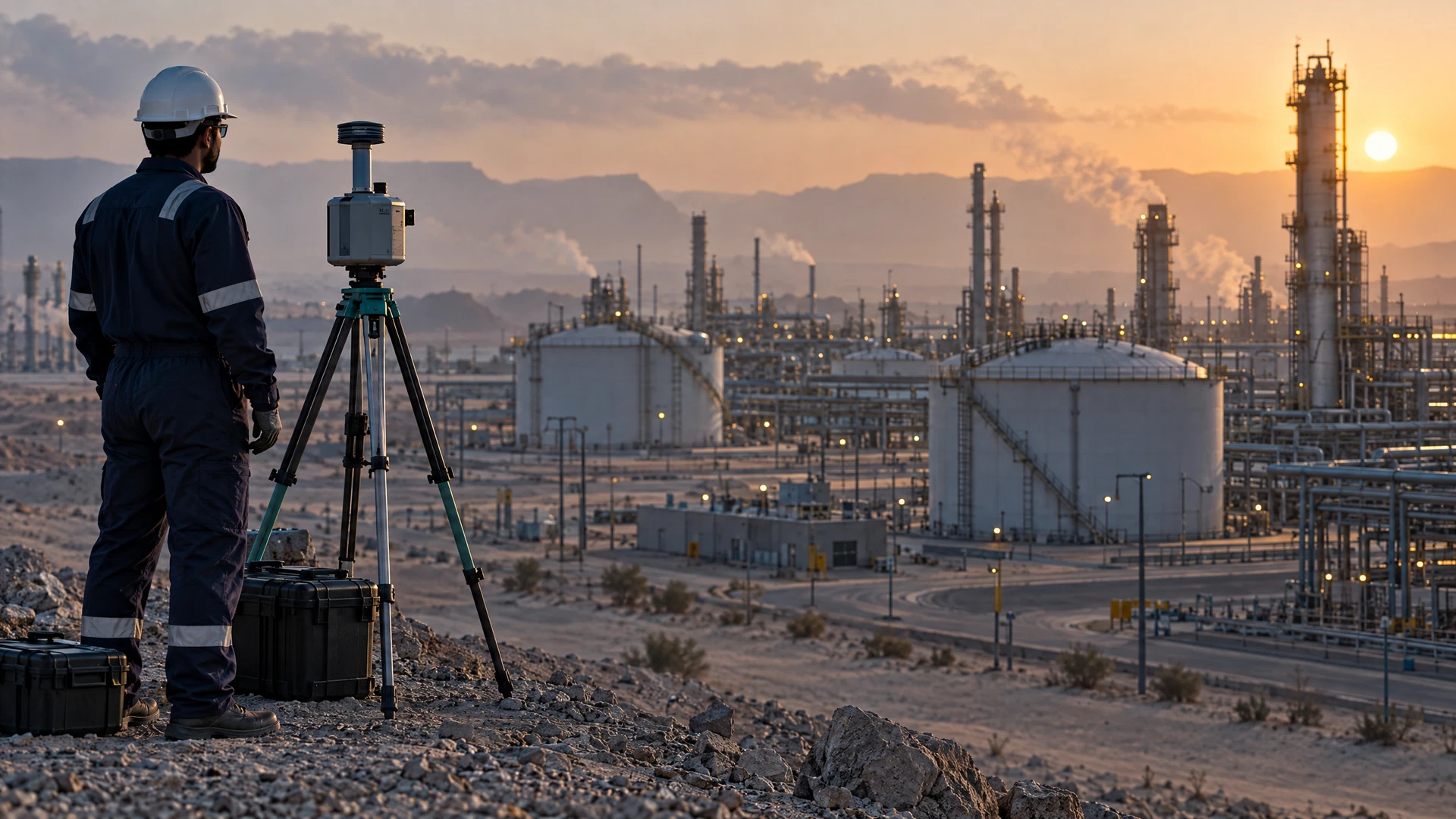 Layered Saudi facility source-attribution map showing candidate sources, portable survey points, wind vectors and receptor locations in Saudi Arabia