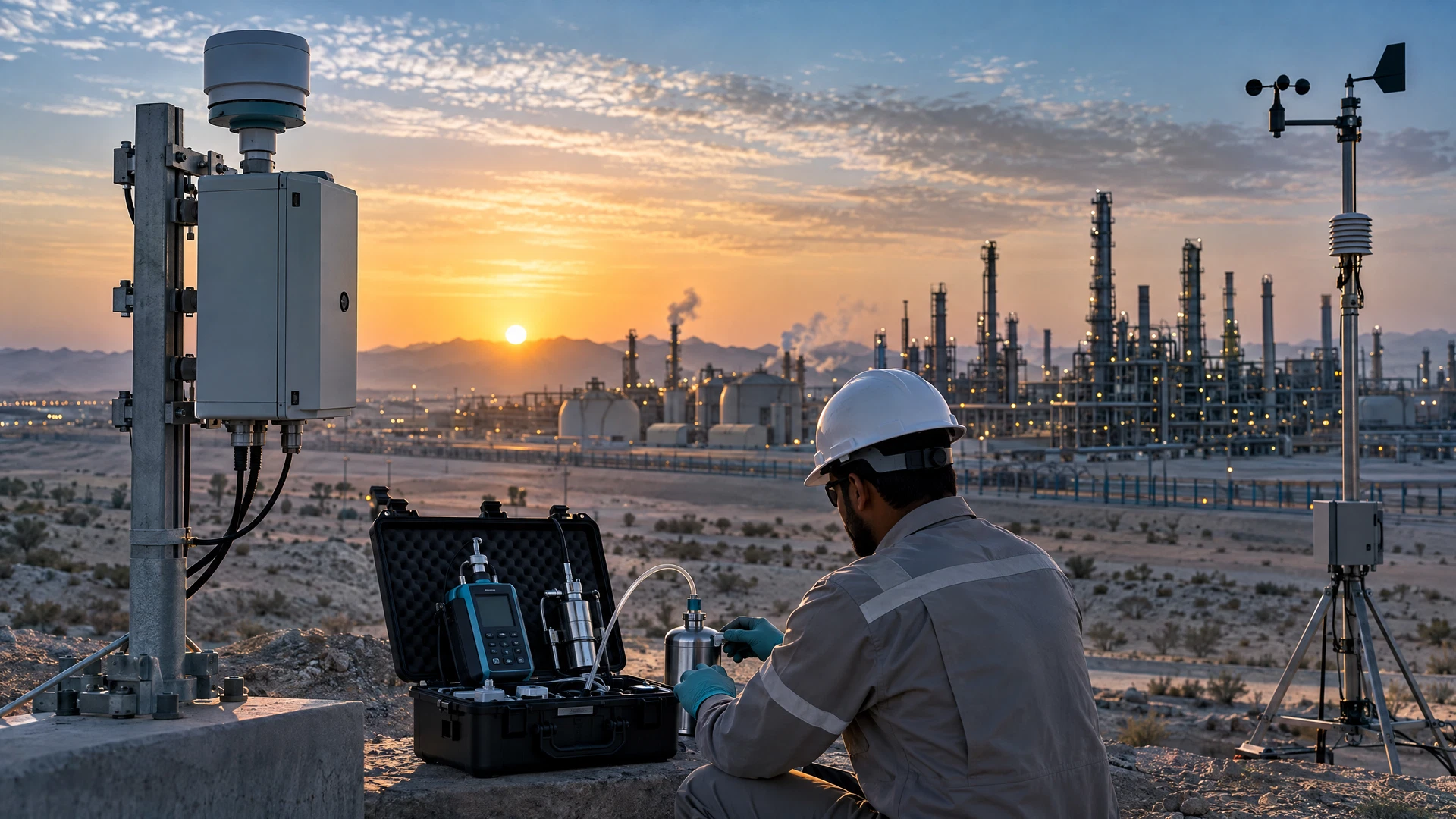 Saudi industrial facility with odour monitor, portable survey, wind data, complaint record and source-sampling workflow in Saudi Arabia