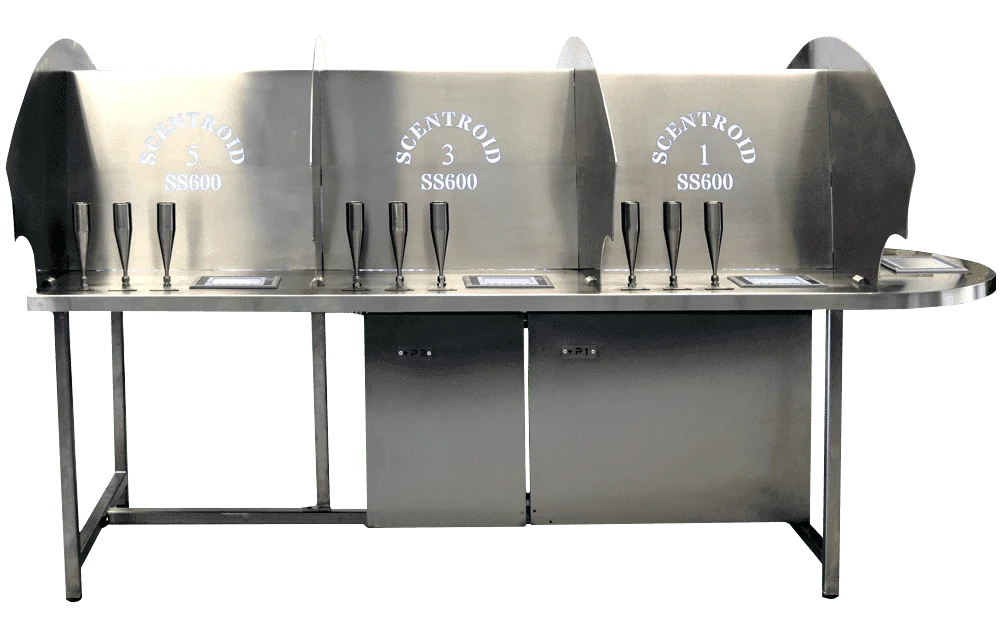 planned Saudi odour laboratory showing the SS600 control unit, six separated panellist positions, odour-free air supply, sample staging and controlled exhaust