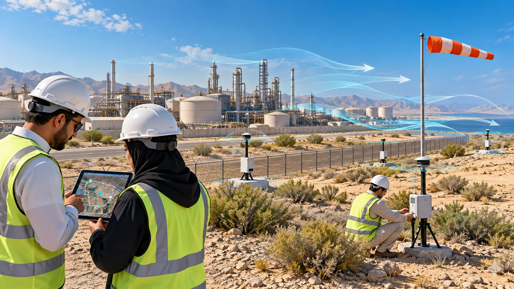 Annotated Saudi industrial site plan showing candidate odour sources, receptors, patrol routes, wind direction and monitoring locations in Saudi Arabia