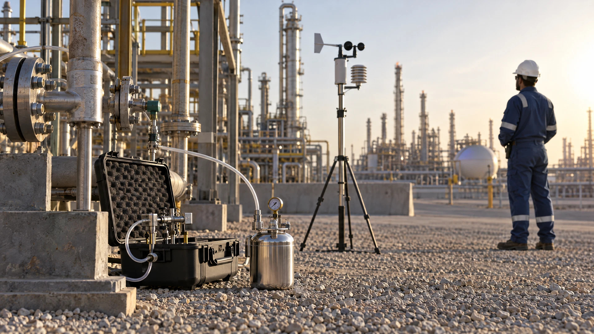 VOC diagnostic workflow with a portable PID survey, fenceline sampler, fixed station and qualified laboratory analysis in Saudi Arabia