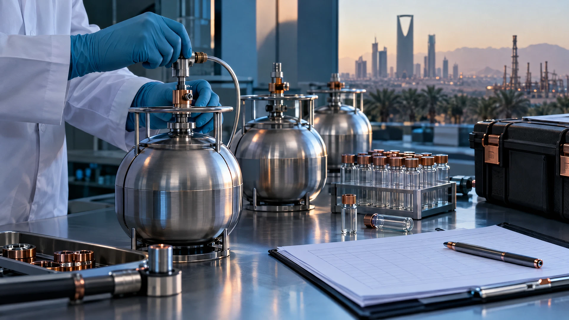 Labelled air-sampling containers and chain-of-custody records prepared for VOC and sulfur analysis at a qualified laboratory in Saudi Arabia