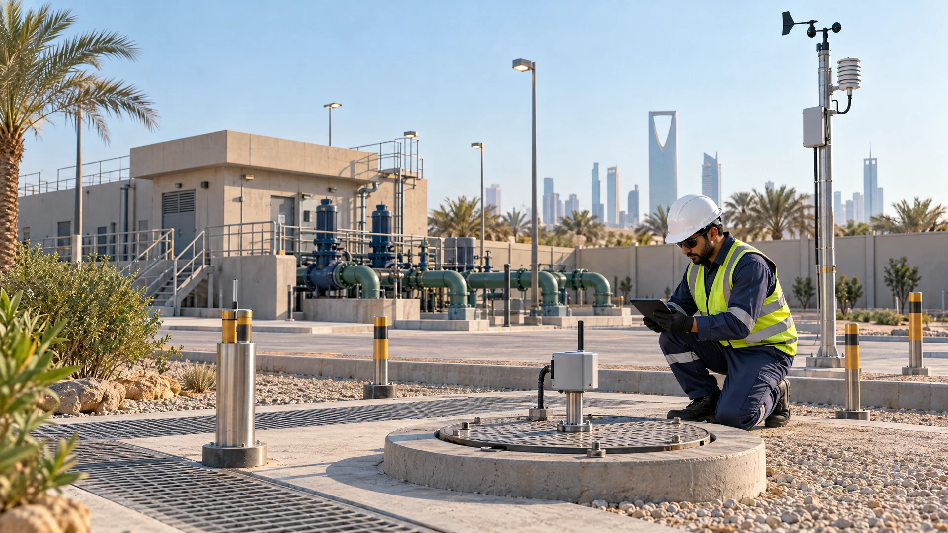 Wastewater and sewer monitoring plan showing a pump station, wet well, treatment assets, H2S/pressure monitors and boundary weather data in Saudi Arabia